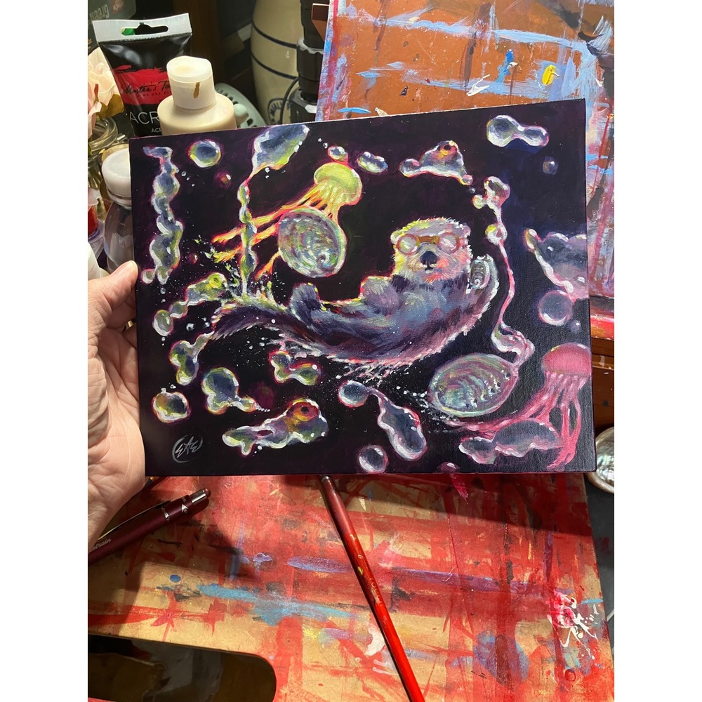 Artettina Original Sea Otter Painting Whimsical Marine Art jellyfish Abolone EAE